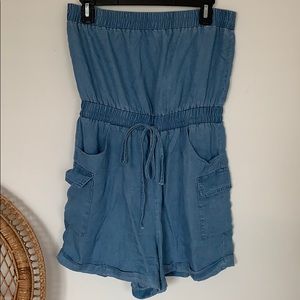Strapless Denim romper with drawstring